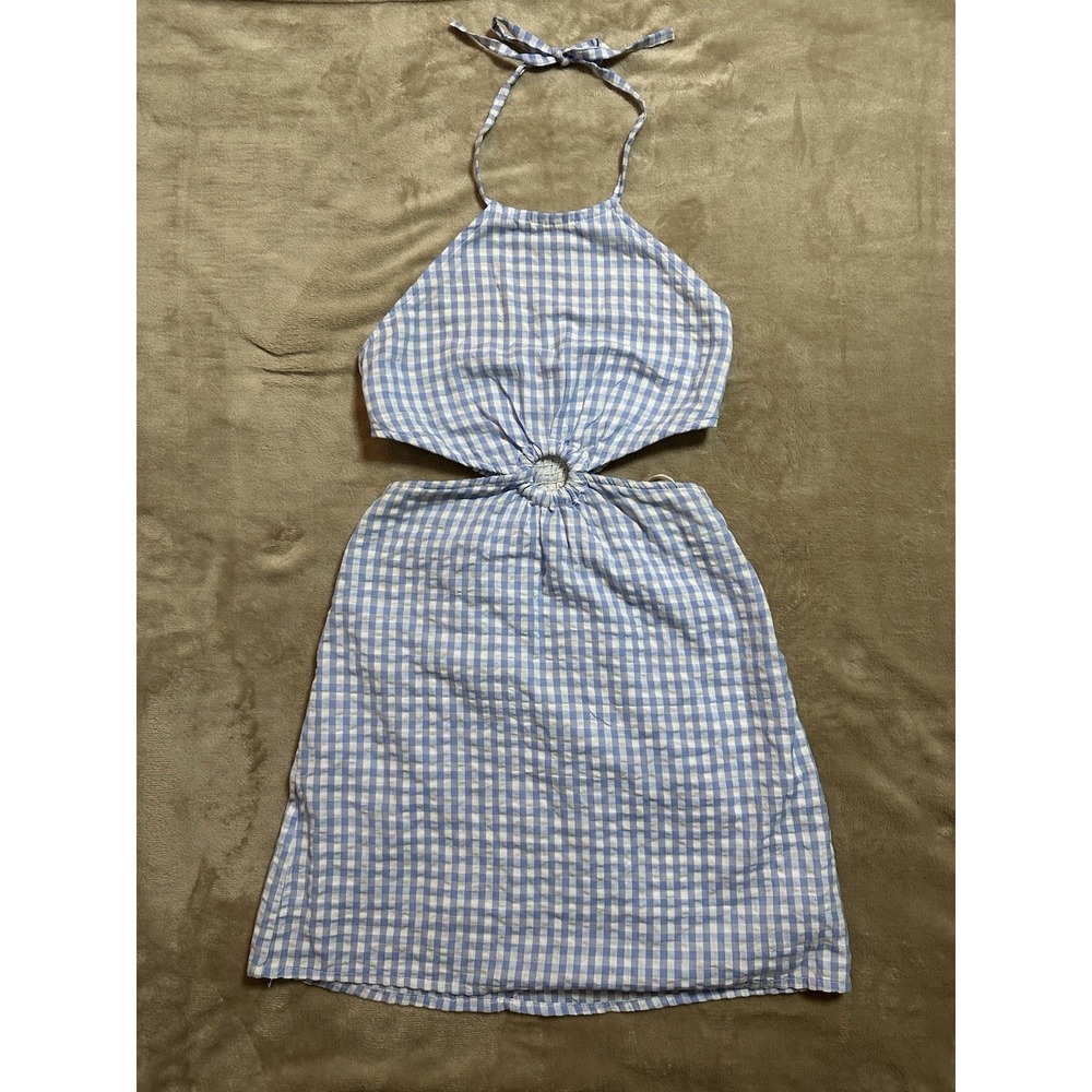 Sim & Sam Womens XS Mini Dress Blue‎ White Gingham Check Cutout Halter Summer